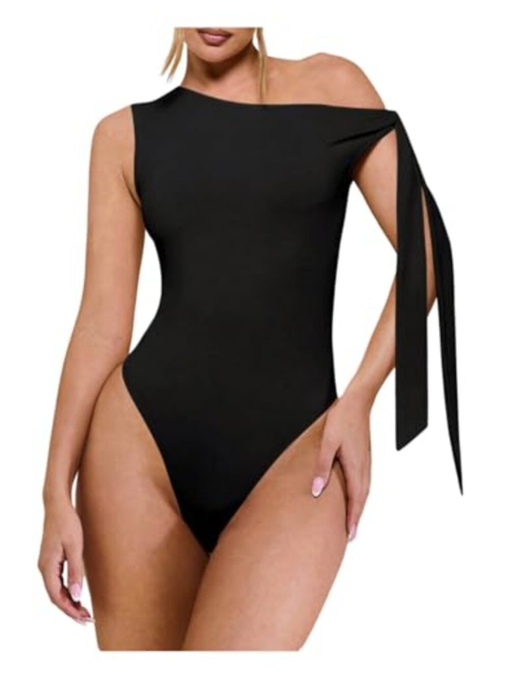 Off Shoulder Tie Shoulder Asymmetrical Bodysuit Sleeveless Going Out Top